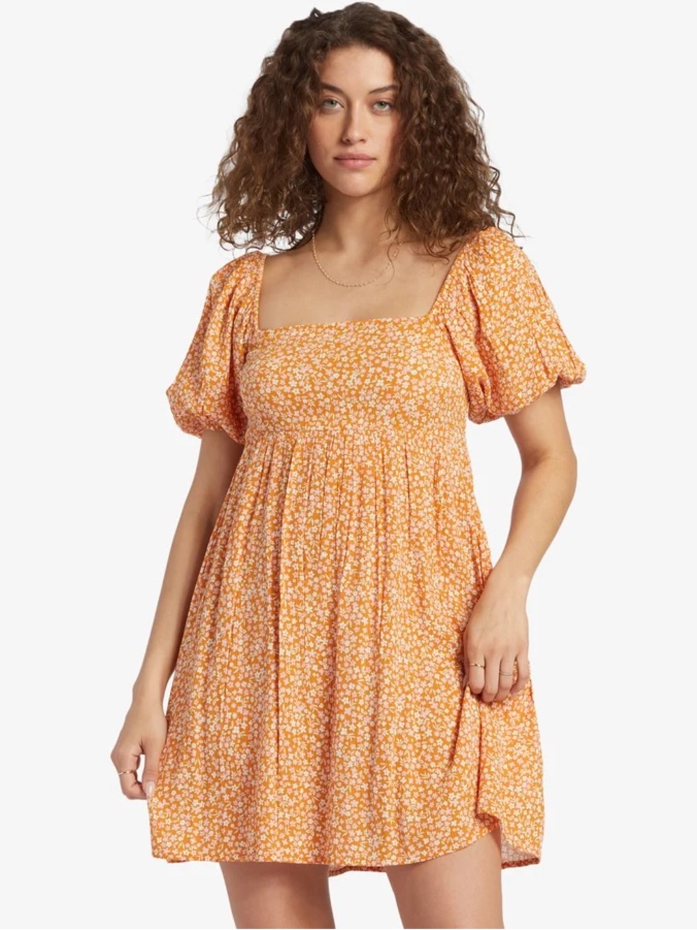 🧡 Billabong Orange Floral Dress Babydoll Puff Sleeves Cottagecore Whimsy Garden
